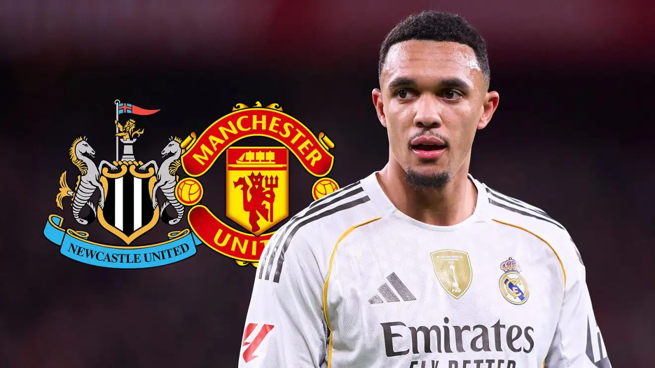 Ex-Liverpool star Trent Alexander-Arnold with Man Utd, Newcastle badges