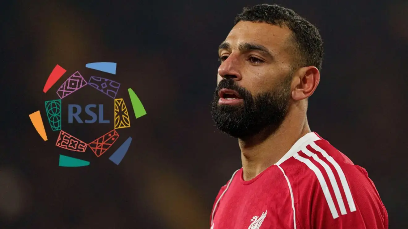 Mo Salah in action for Liverpool (with the Saudi Pro League logo)