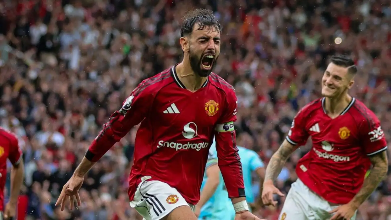 Bruno Fernandes celebrates scoring the winning goal as Manchester United beat Burnley 3-2 at Old Trafford