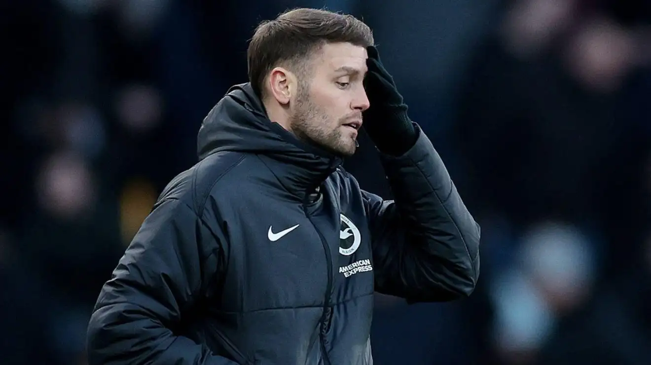 Under fire Brighton manager Fabian Hurzeler holds his head