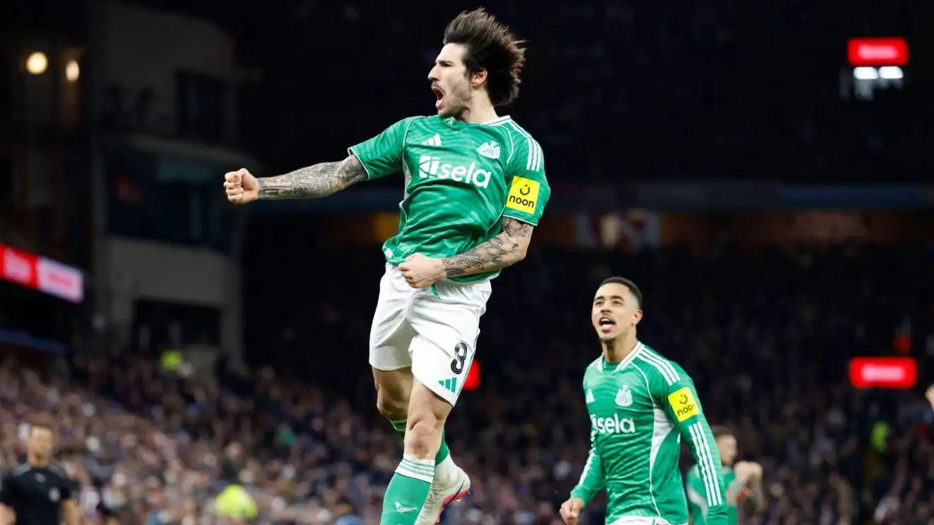 Sandro Tonali celebrates a Newcastle goal against Aston Villa